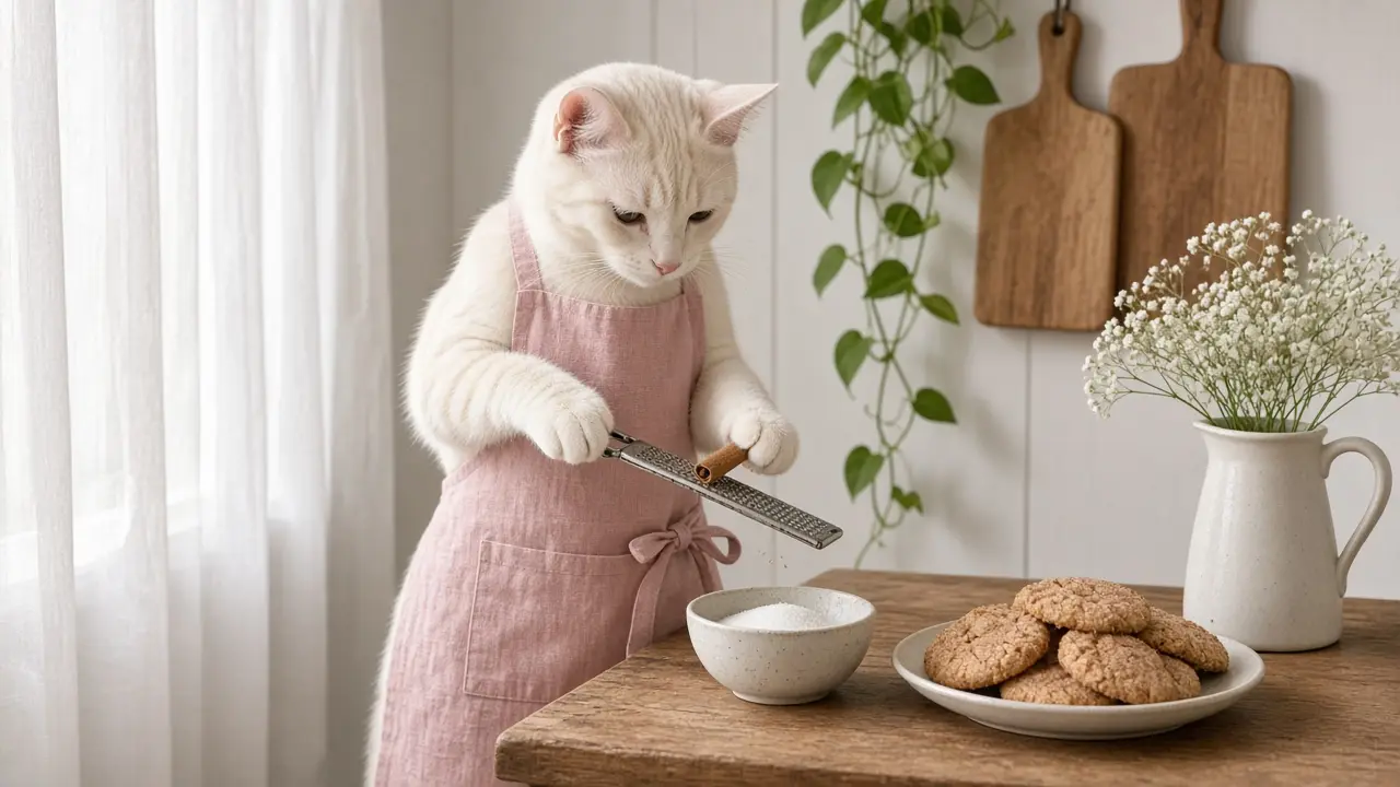A cream-coloured cat in a pink apron, cooking this dish