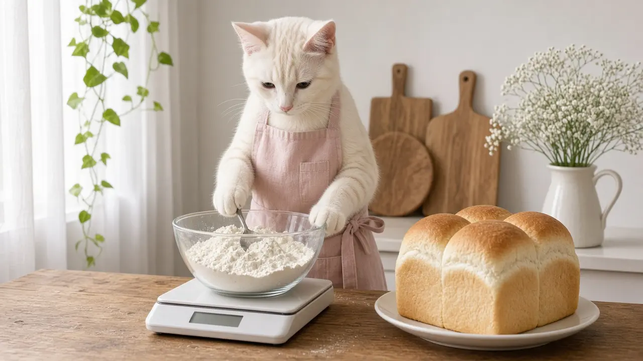 A cream-coloured cat in a pink apron, cooking this dish