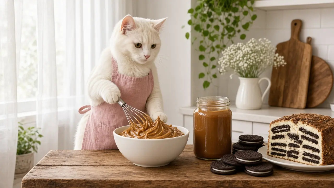 A cream-coloured cat in a pink apron, cooking this dish