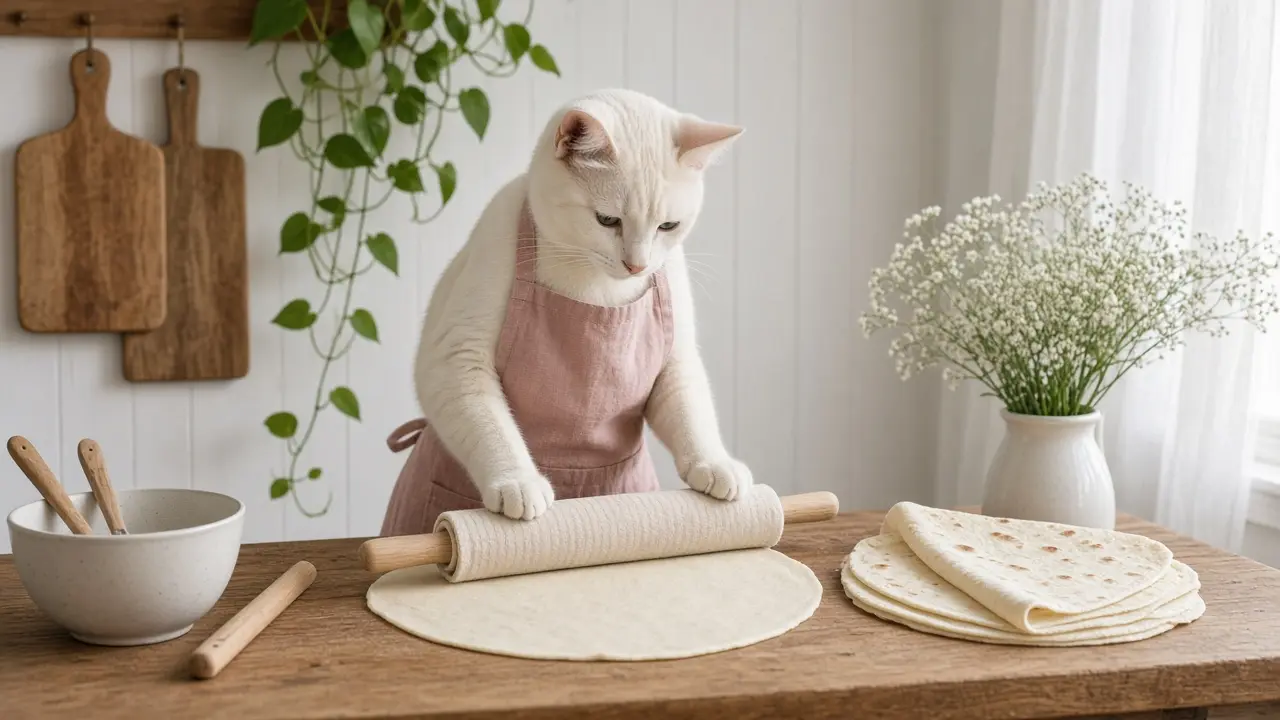 A cream-coloured cat in a pink apron, cooking this dish