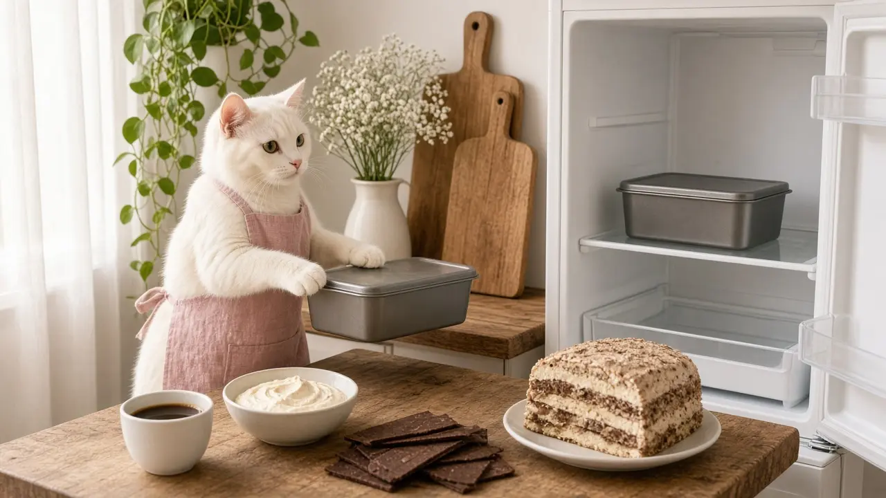 A cream-coloured cat in a pink apron, cooking this dish