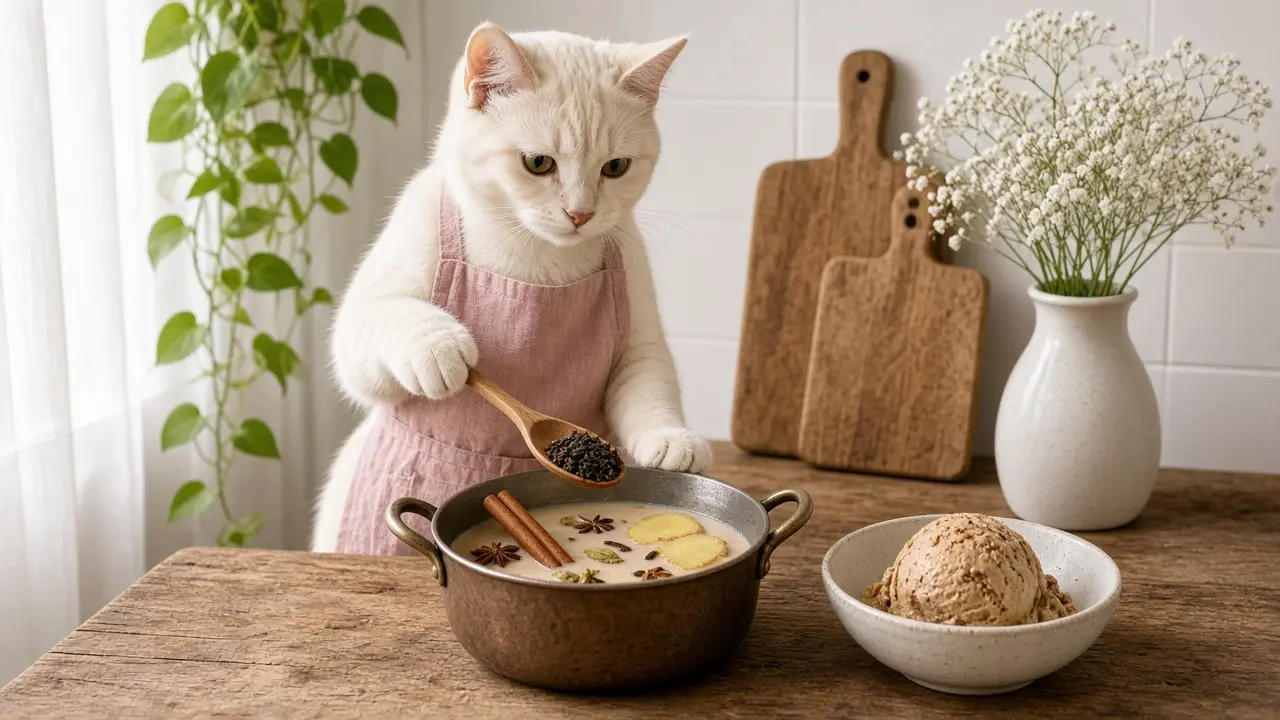 A cream-coloured cat in a pink apron, cooking this dish