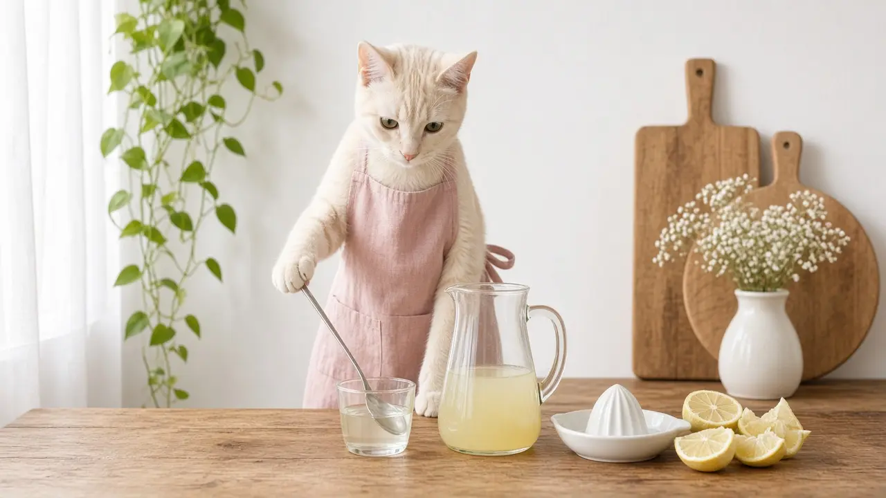 A cream-coloured cat in a pink apron, cooking this dish