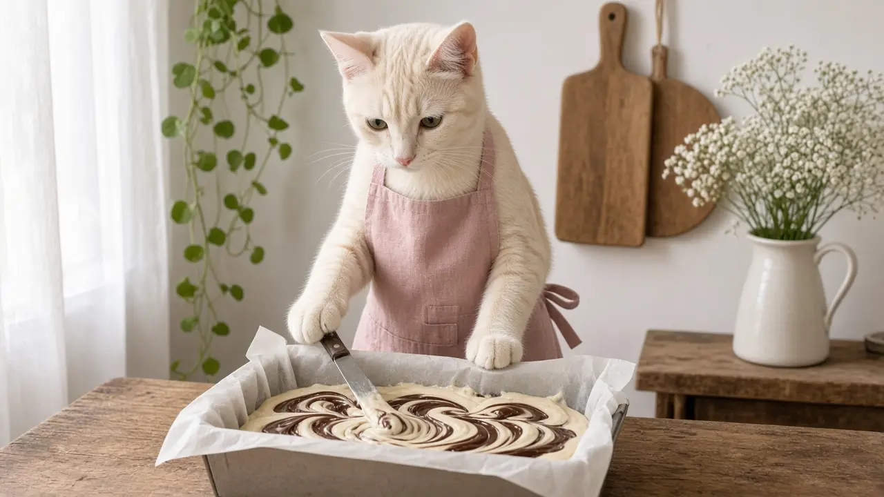 A cream-coloured cat in a pink apron, cooking this dish