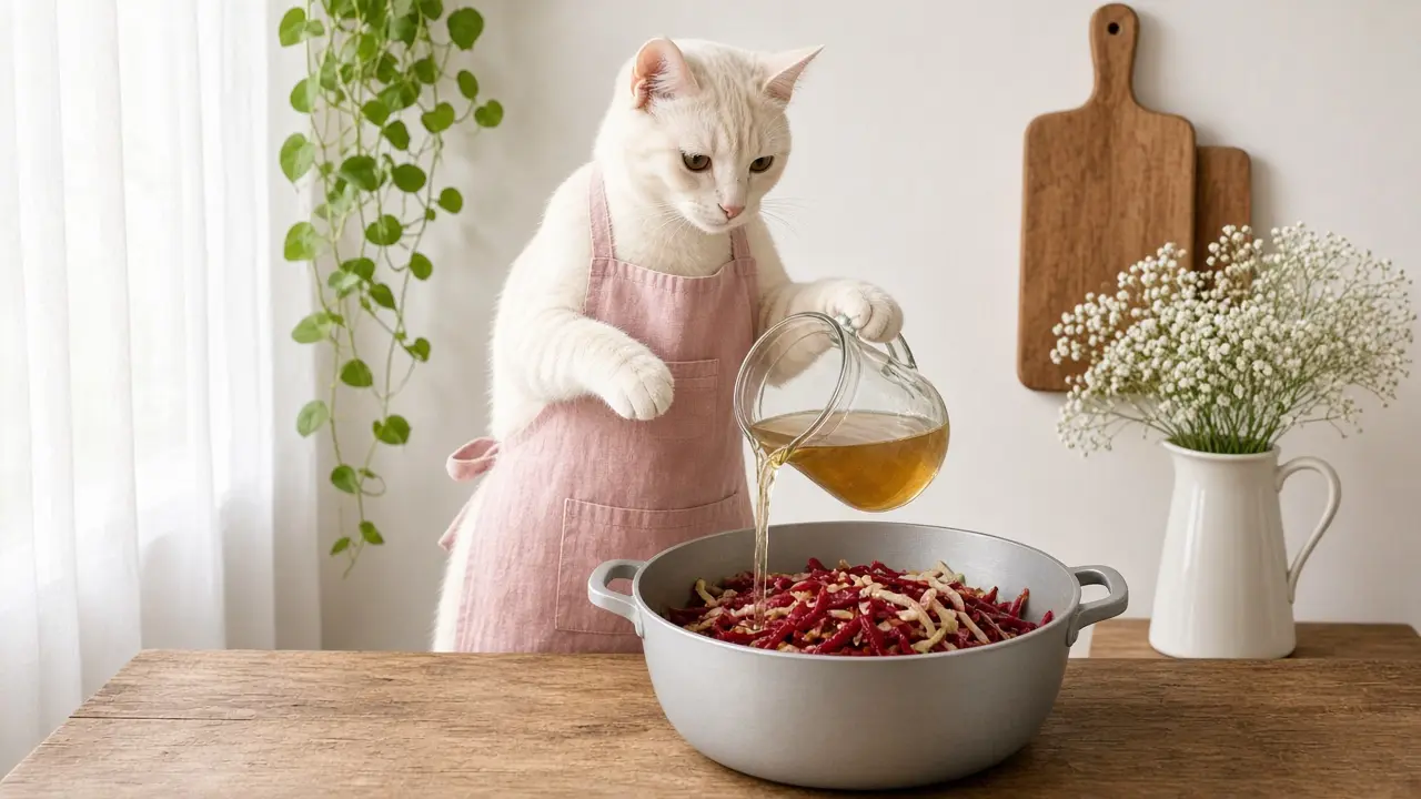 A cream-coloured cat in a pink apron, cooking this dish