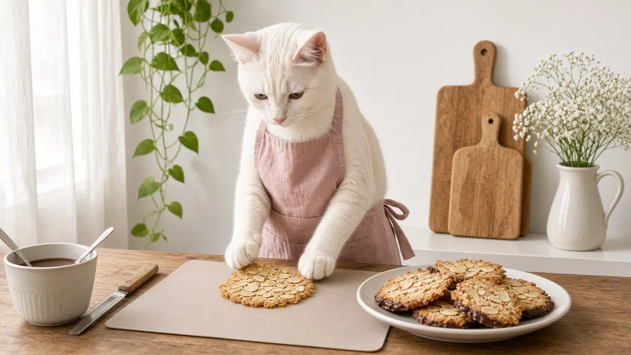 A cream-coloured cat in a pink apron, cooking this dish