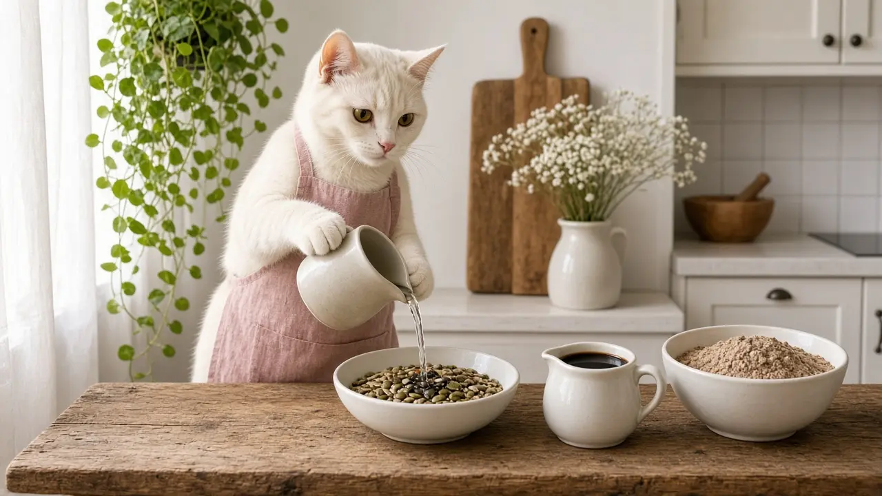 A cream-coloured cat in a pink apron, cooking this dish