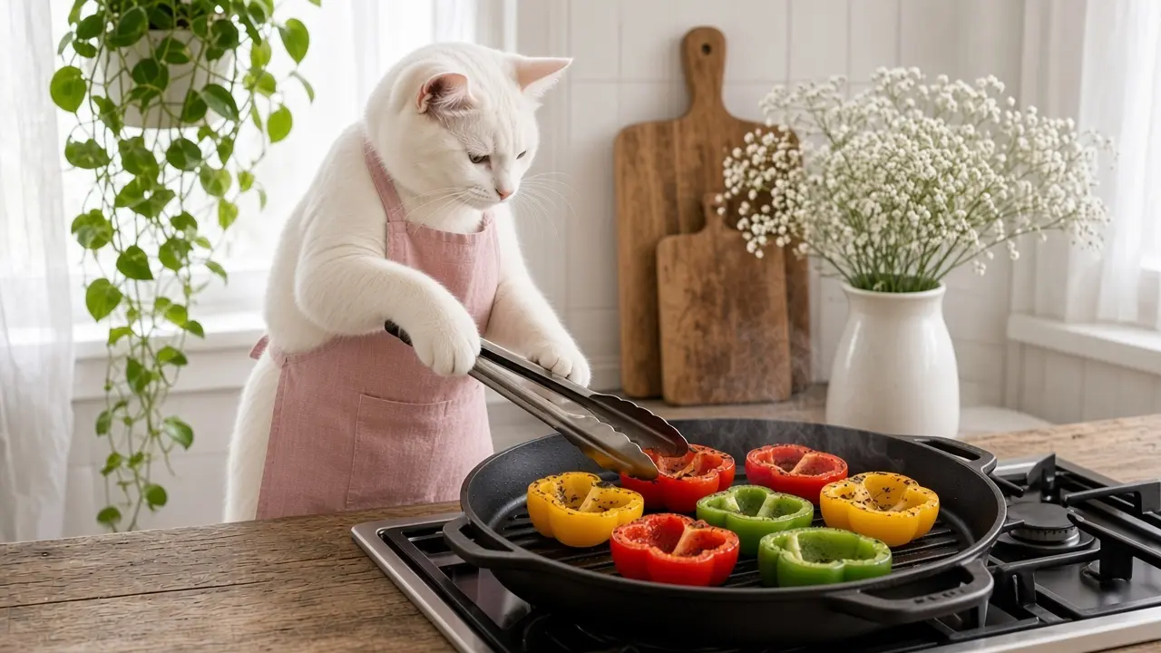 A cream-coloured cat in a pink apron, cooking this dish