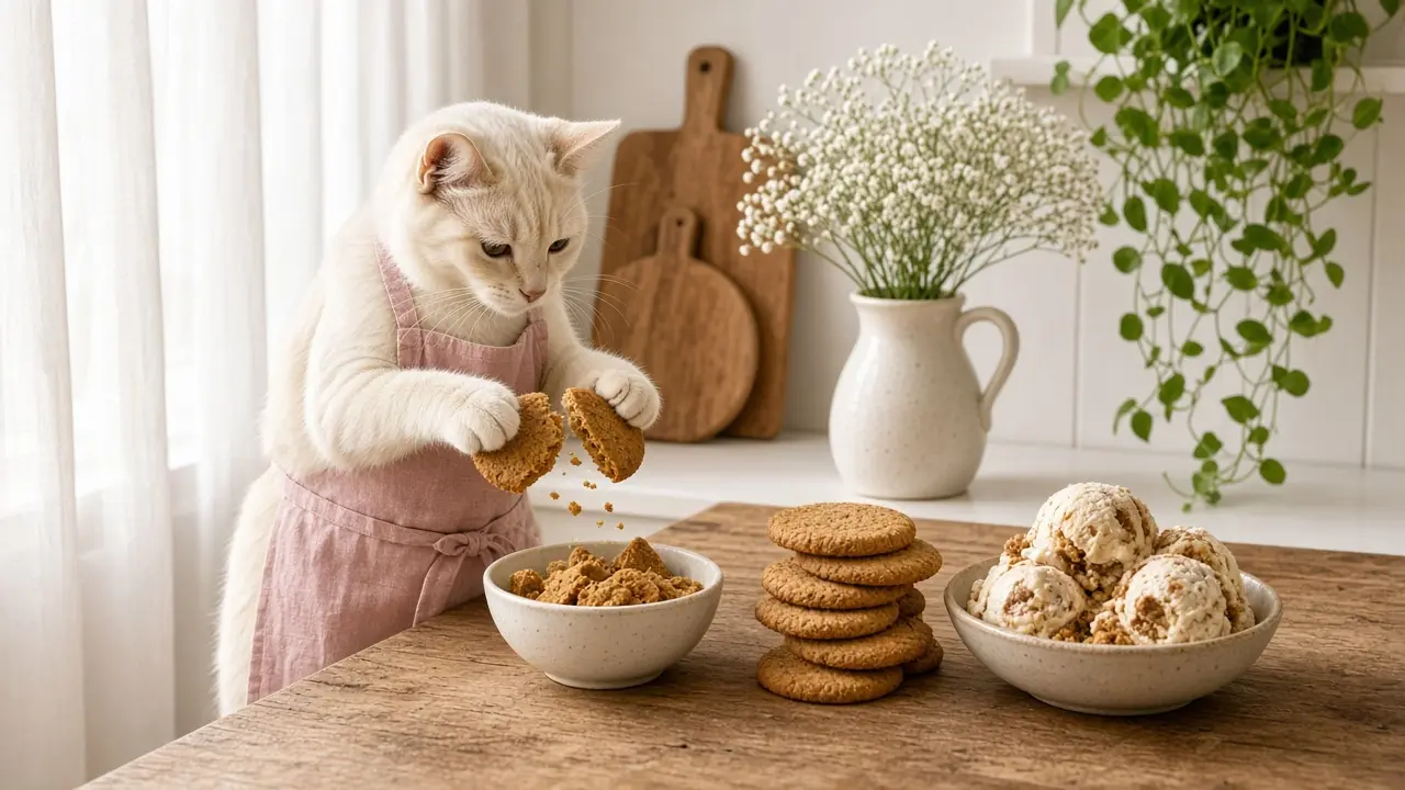 A cream-coloured cat in a pink apron, cooking this dish