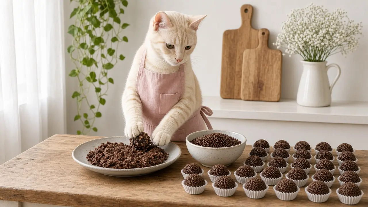A cream-coloured cat in a pink apron, cooking this dish