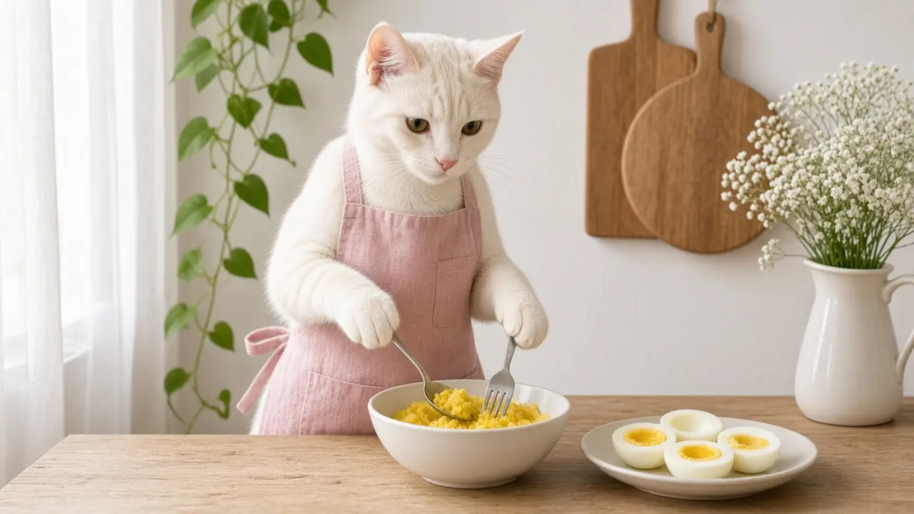 A cream-coloured cat in a pink apron, cooking this dish