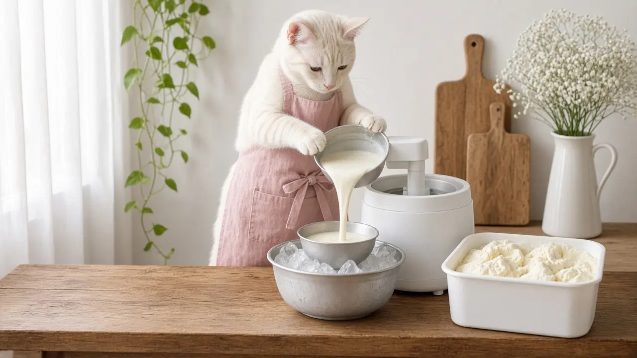 A cream-coloured cat in a pink apron, cooking this dish