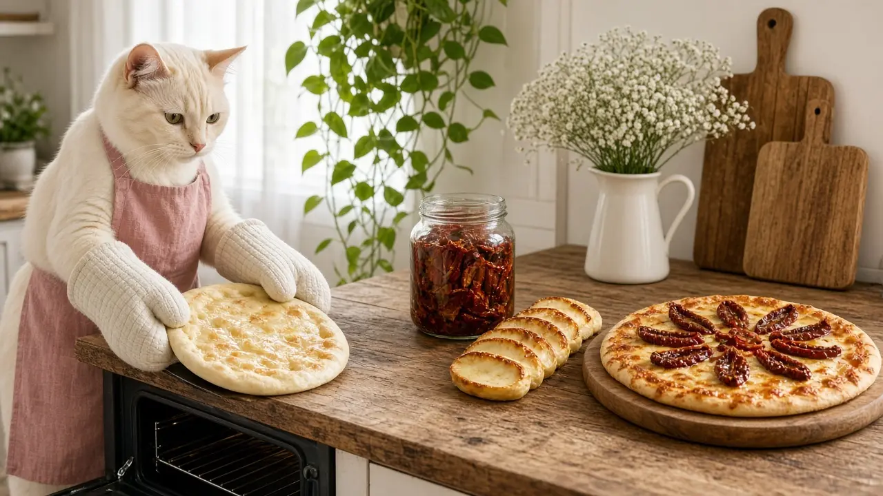A cream-coloured cat in a pink apron, cooking this dish