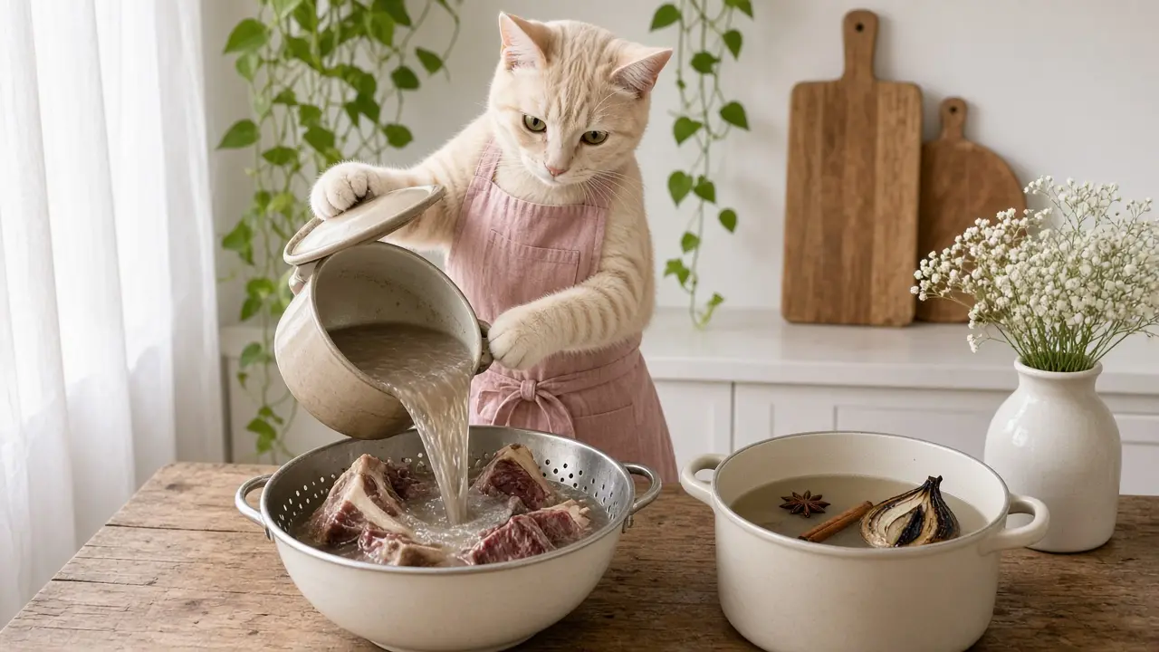 A cream-coloured cat in a pink apron, cooking this dish