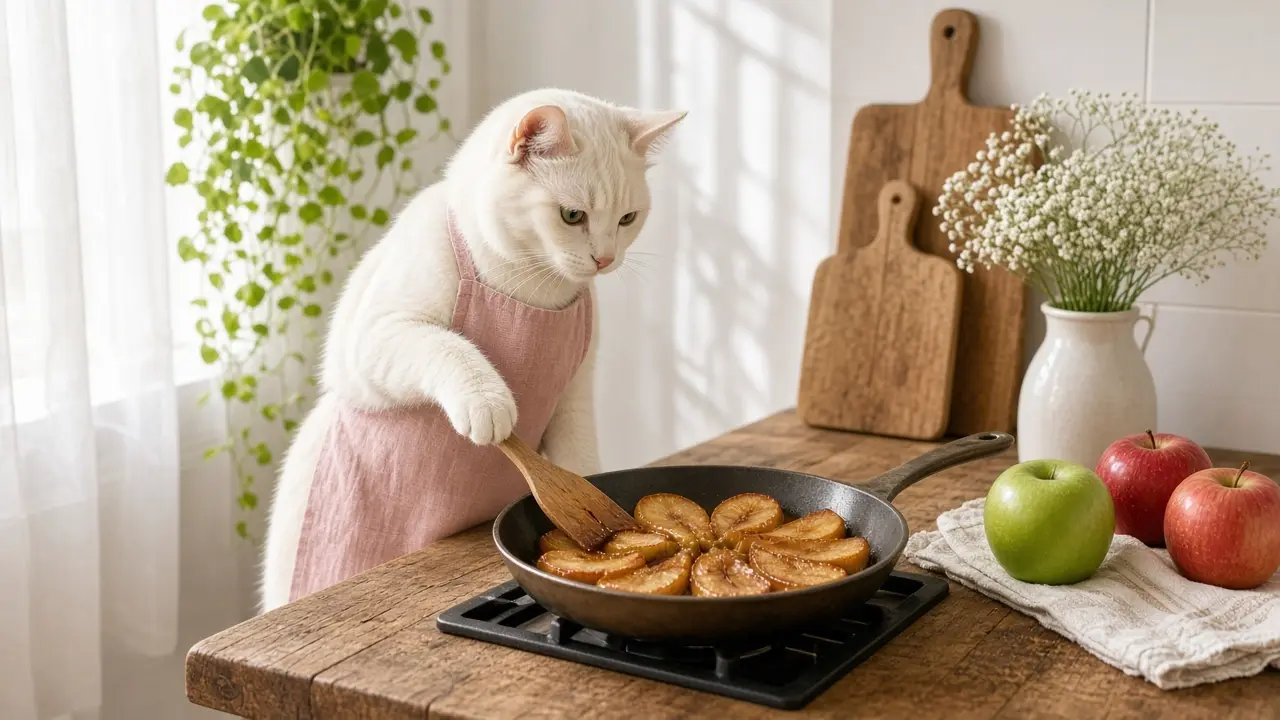 A cream-coloured cat in a pink apron, cooking this dish