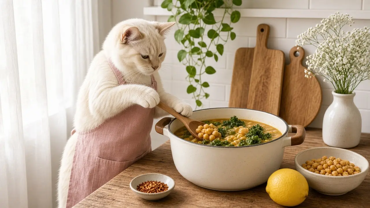 A cream-coloured cat in a pink apron, cooking this dish