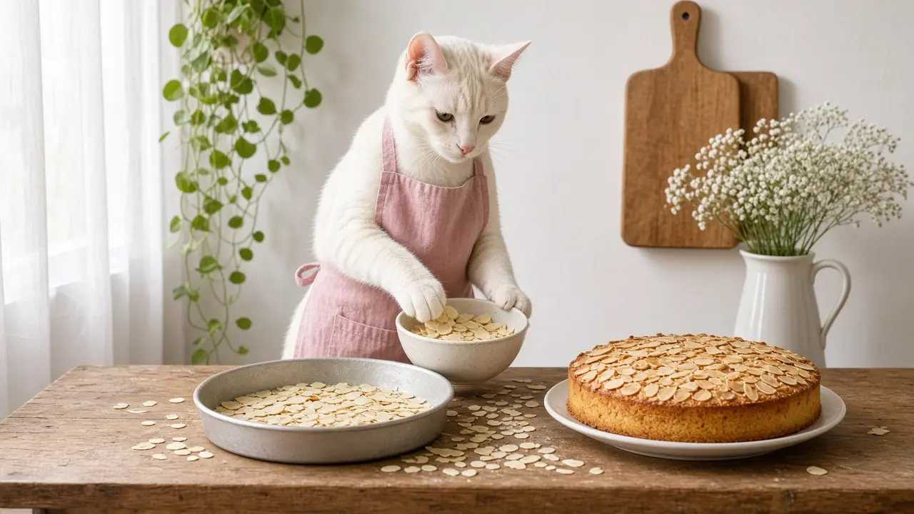 A cream-coloured cat in a pink apron, cooking this dish
