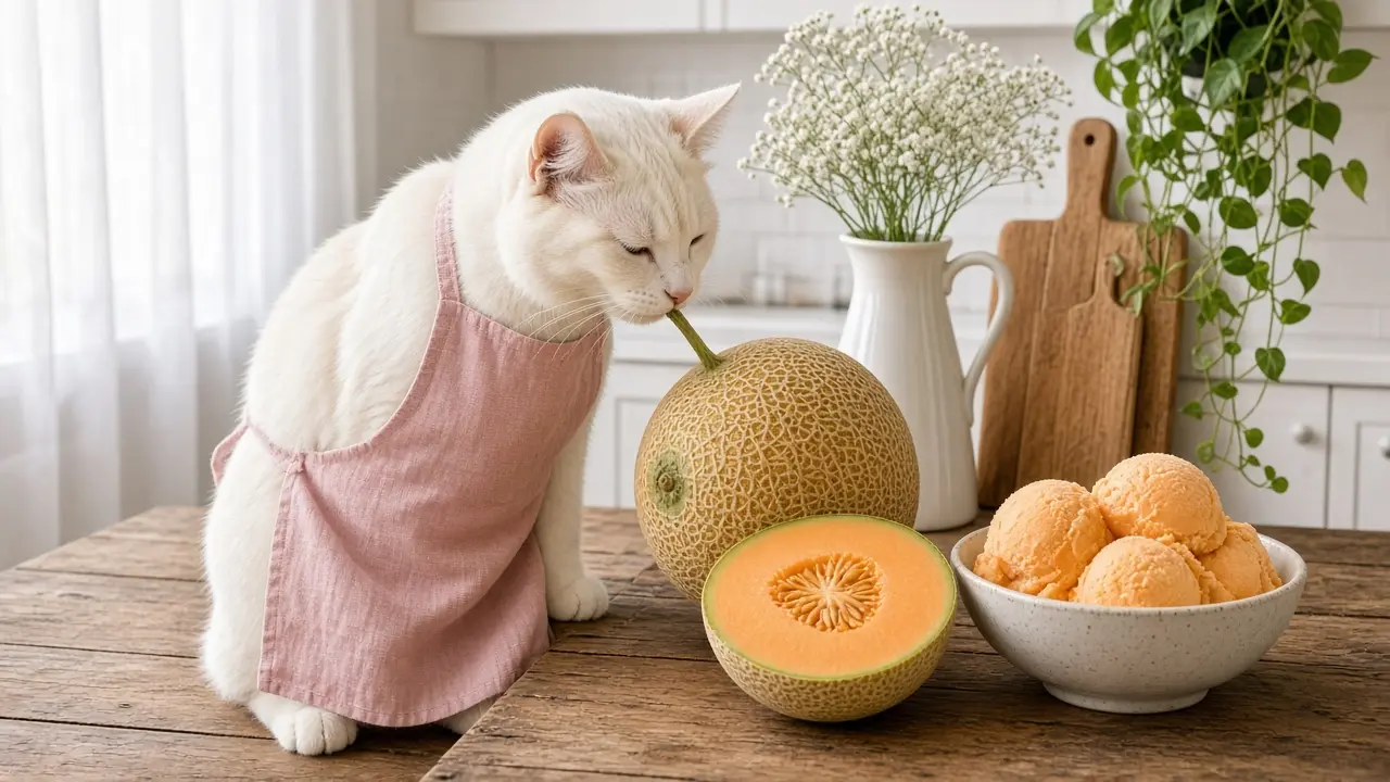 A cream-coloured cat in a pink apron, cooking this dish