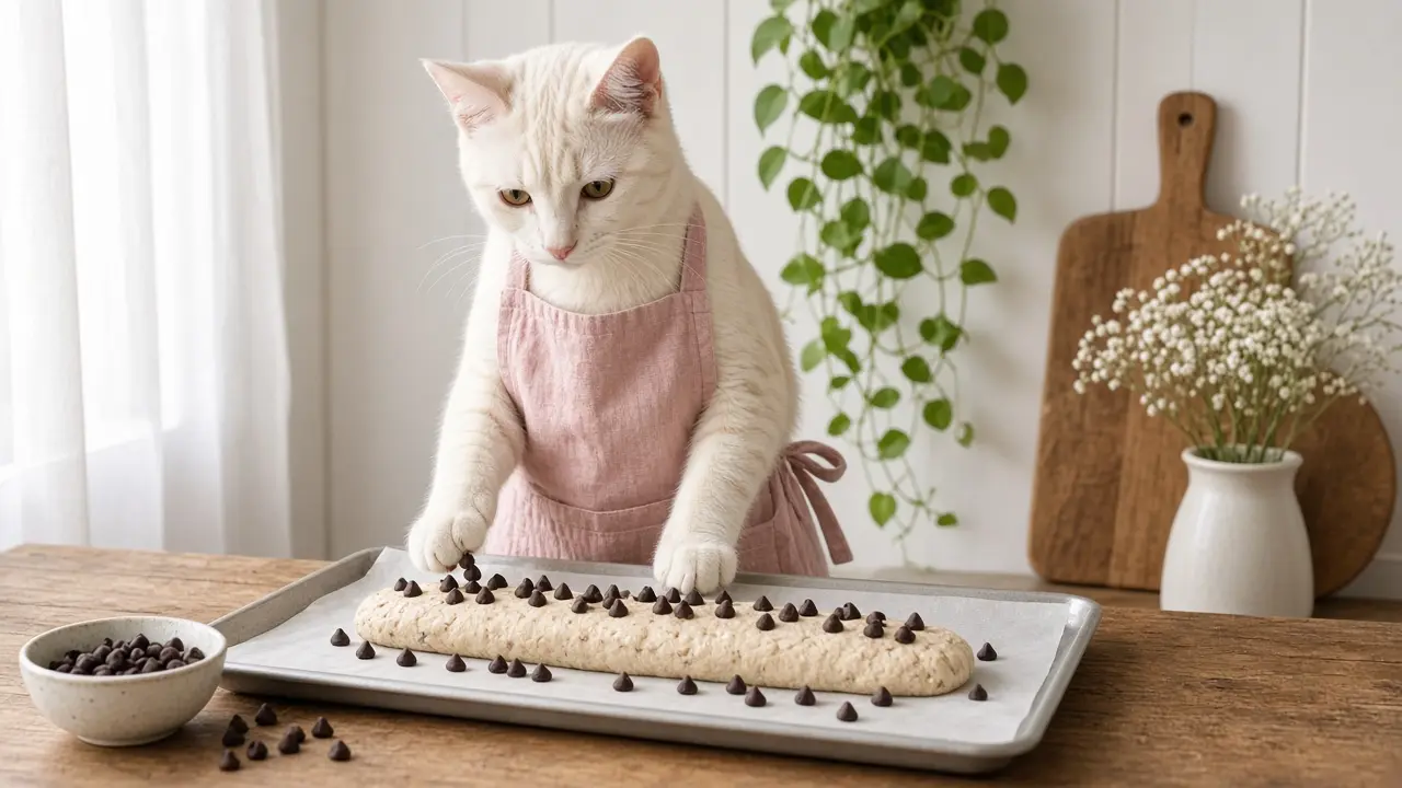 A cream-coloured cat in a pink apron, cooking this dish