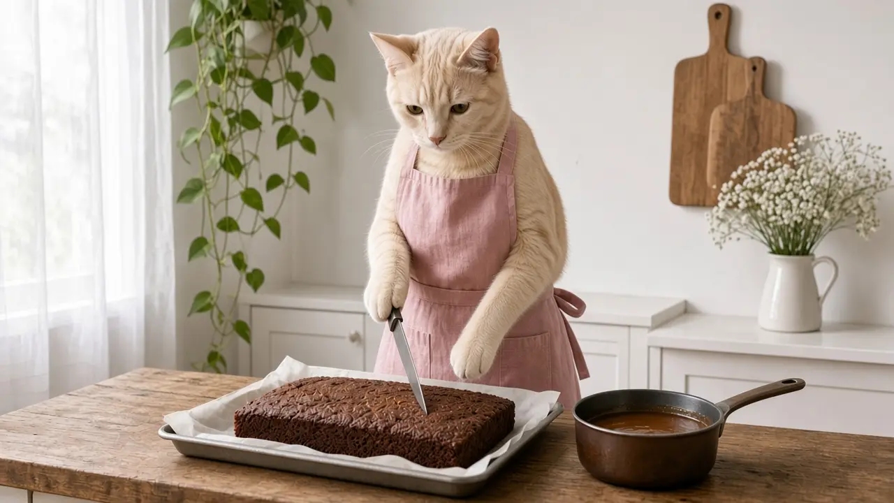 A cream-coloured cat in a pink apron, cooking this dish
