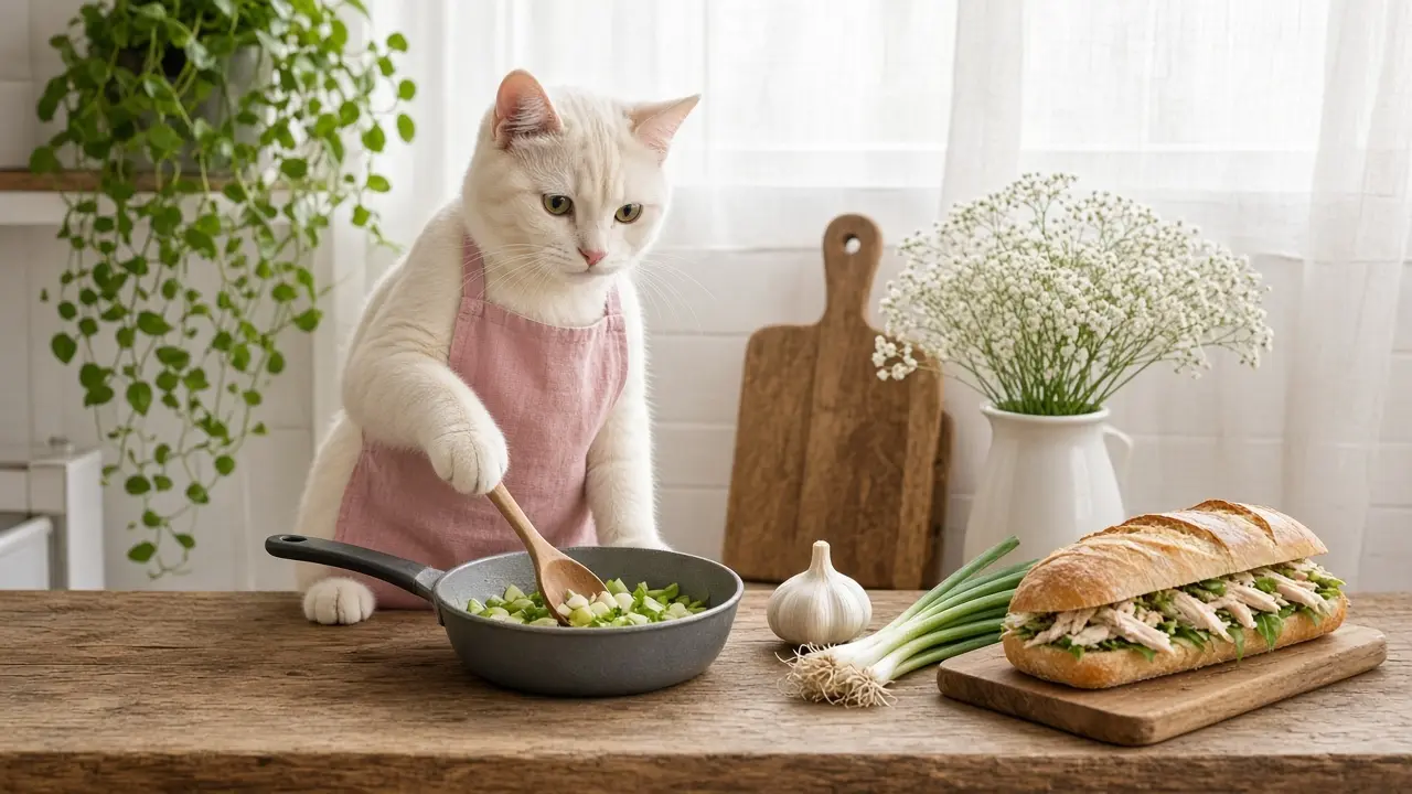 A cream-coloured cat in a pink apron, cooking this dish