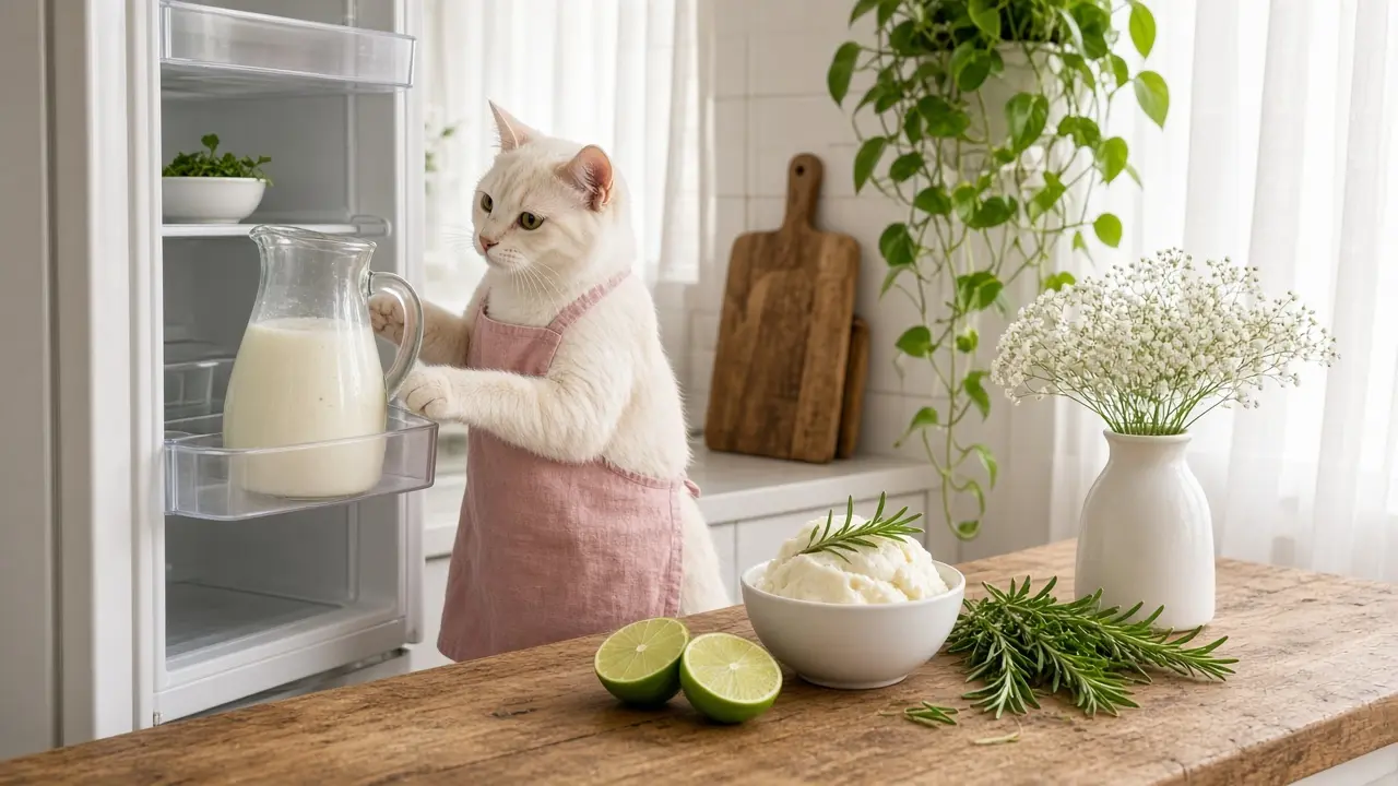 A cream-coloured cat in a pink apron, cooking this dish