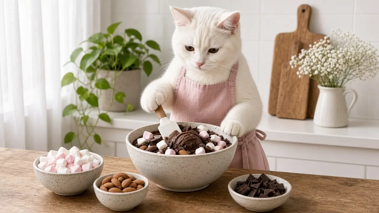 A cream-coloured cat in a pink apron, cooking this dish