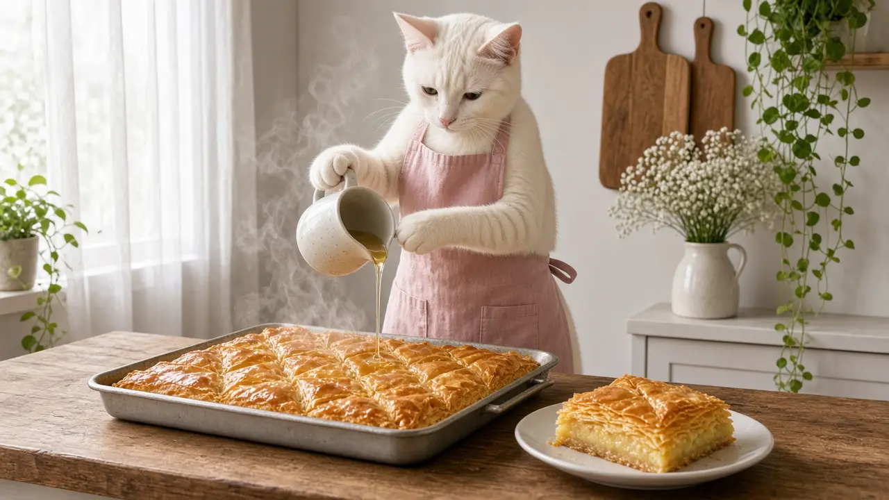 A cream-coloured cat in a pink apron, cooking this dish