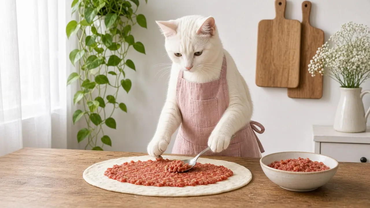 A cream-coloured cat in a pink apron, cooking this dish