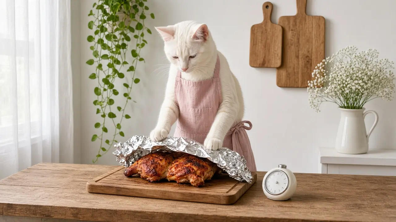 A cream-coloured cat in a pink apron, cooking this dish