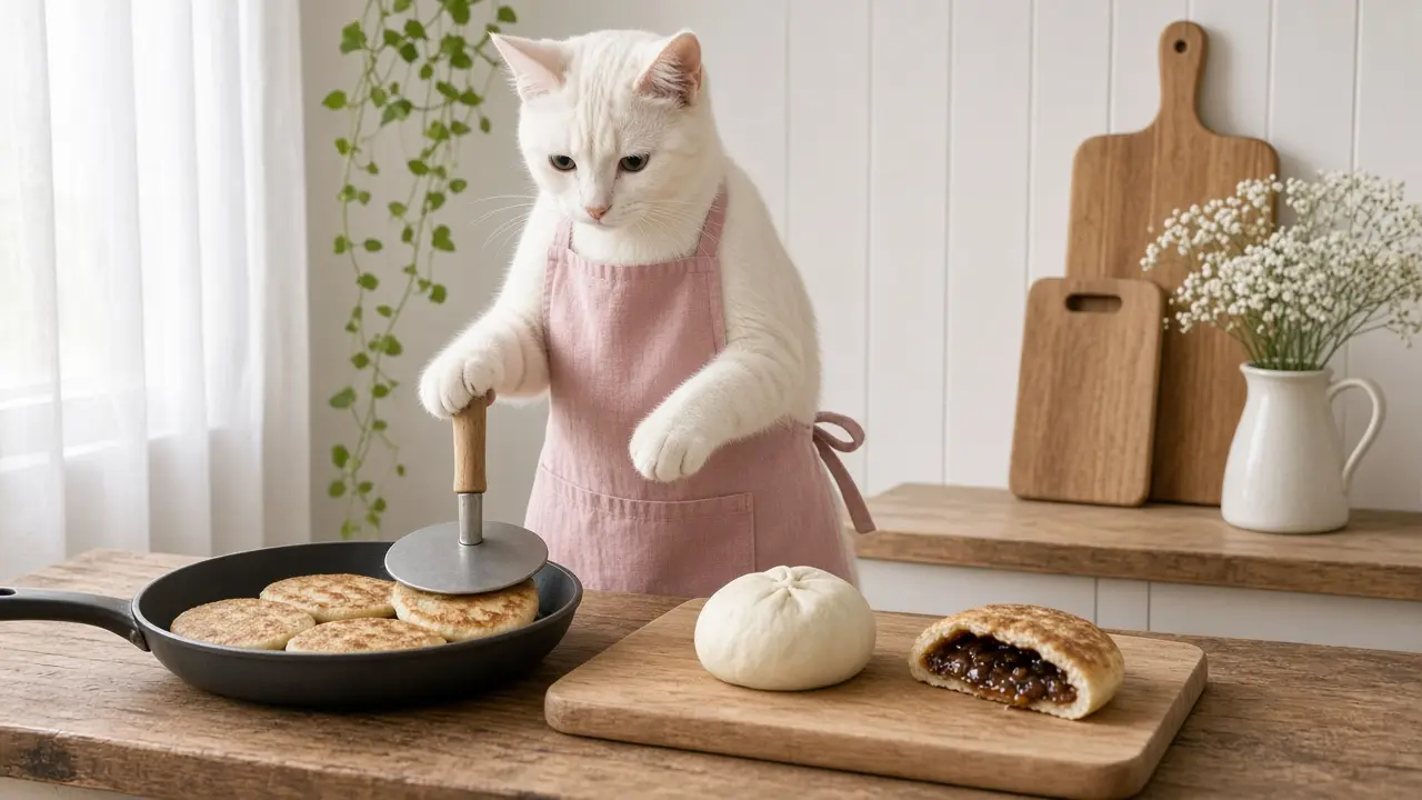 A cream-coloured cat in a pink apron, cooking this dish