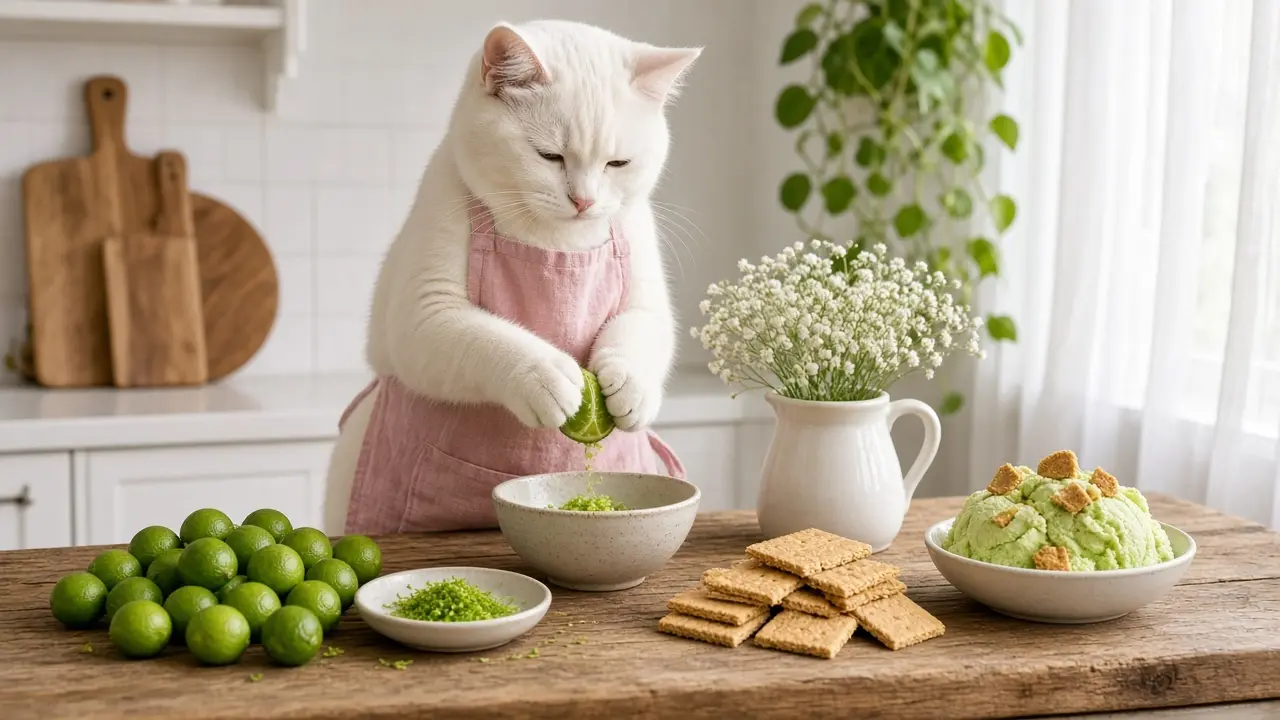 A cream-coloured cat in a pink apron, cooking this dish