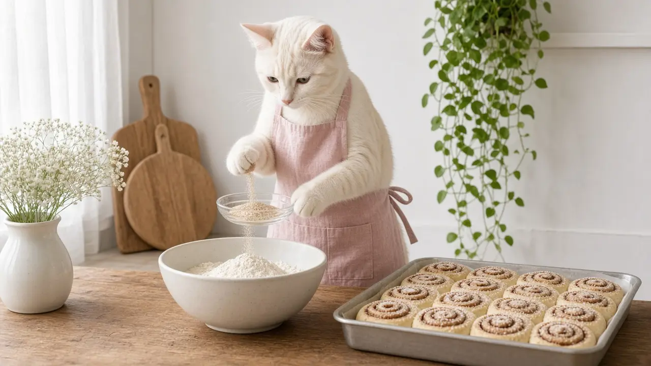 A cream-coloured cat in a pink apron, cooking this dish