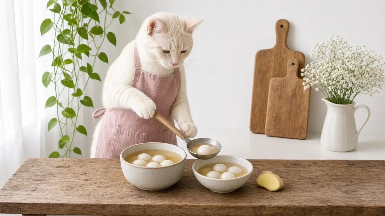 A cream-coloured cat in a pink apron, cooking this dish