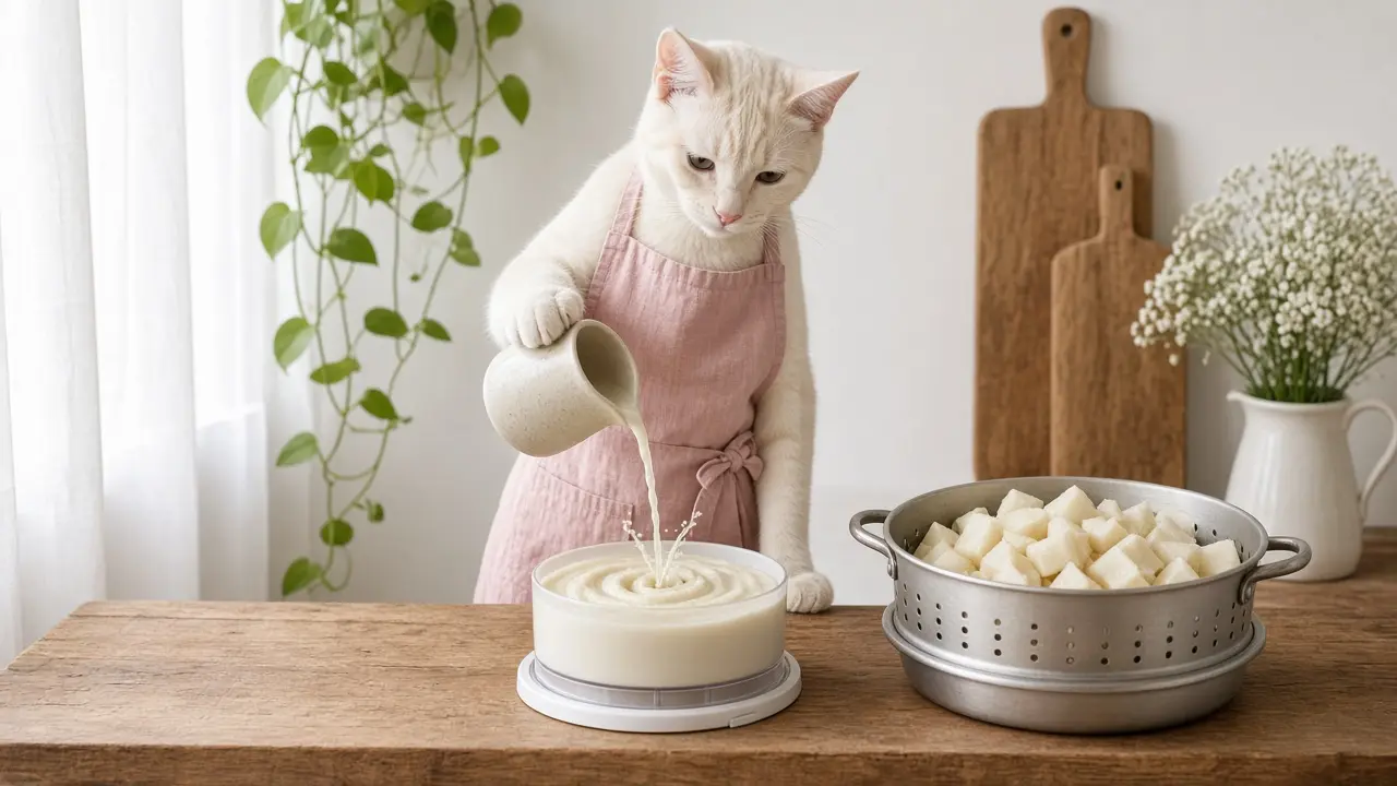 A cream-coloured cat in a pink apron, cooking this dish