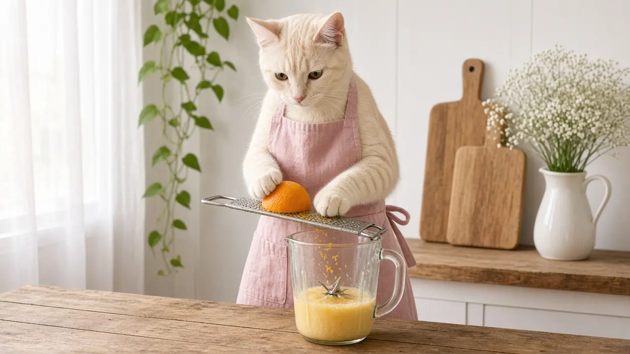 A cream-coloured cat in a pink apron, cooking this dish