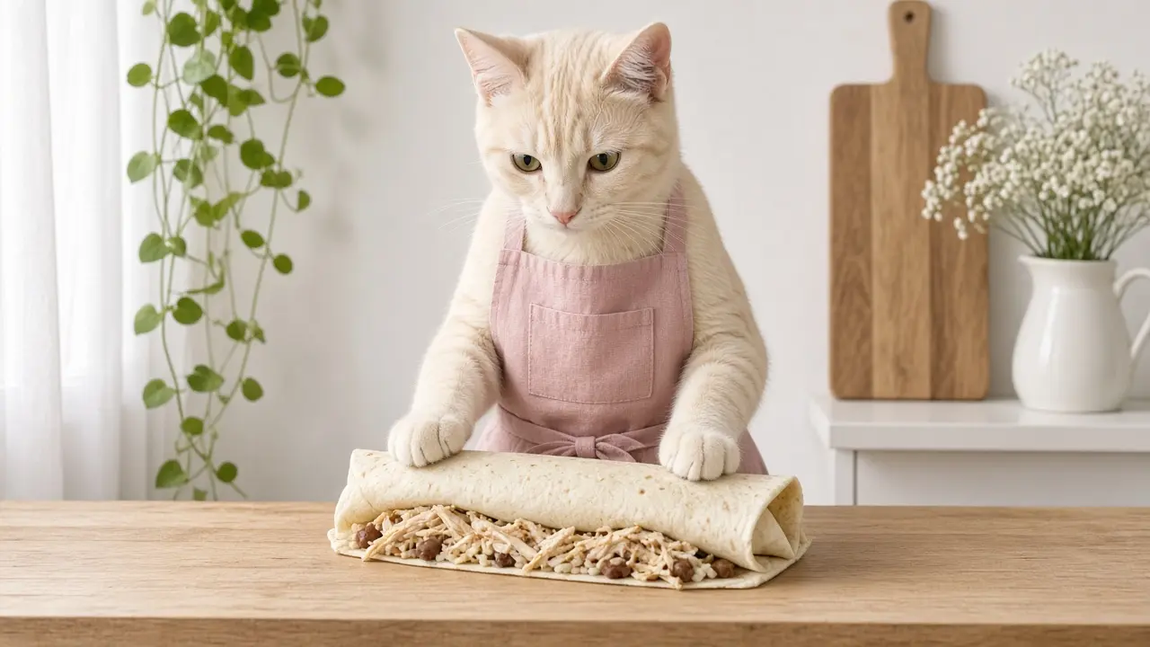 A cream-coloured cat in a pink apron, cooking this dish