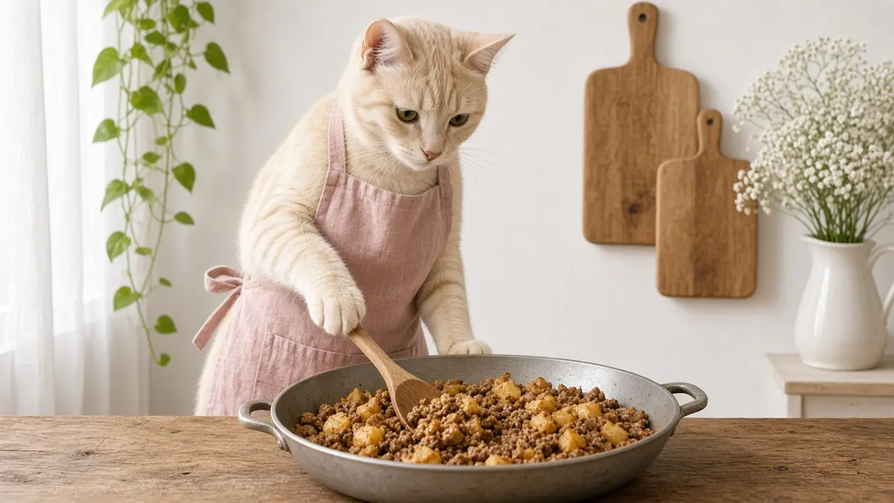 A cream-coloured cat in a pink apron, cooking this dish