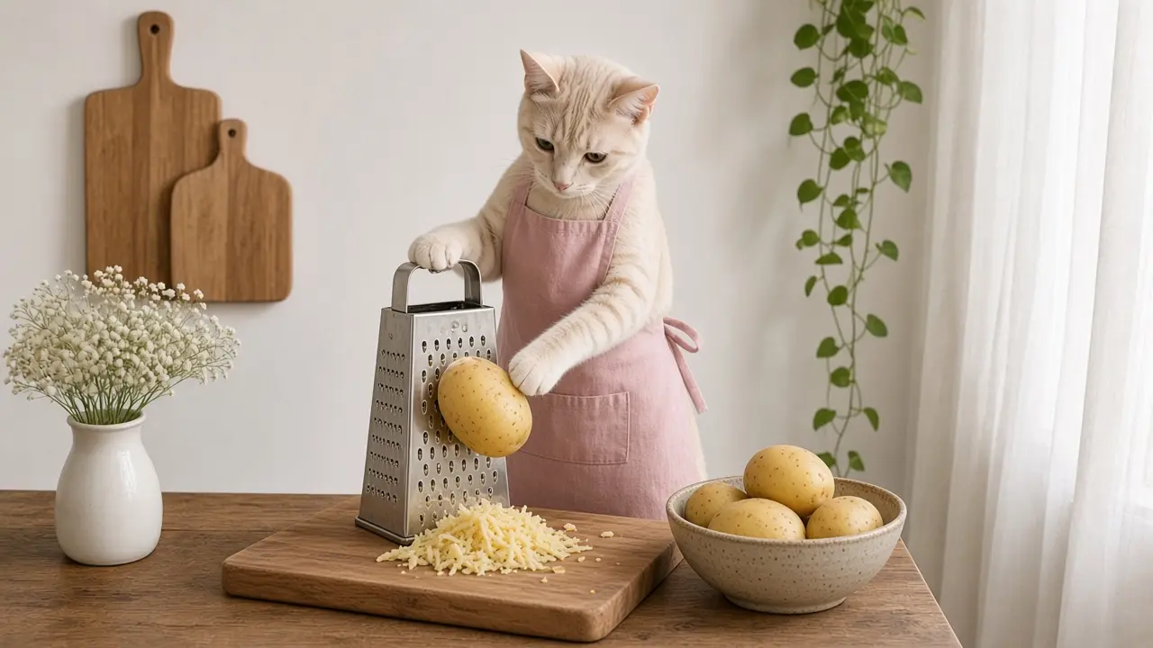 A cream-coloured cat in a pink apron, cooking this dish