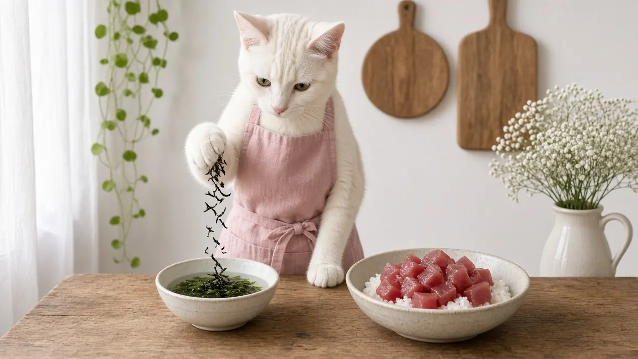 A cream-coloured cat in a pink apron, cooking this dish