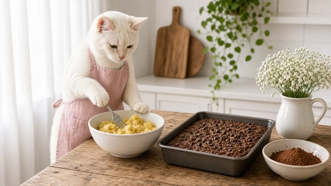 A cream-coloured cat in a pink apron, cooking this dish