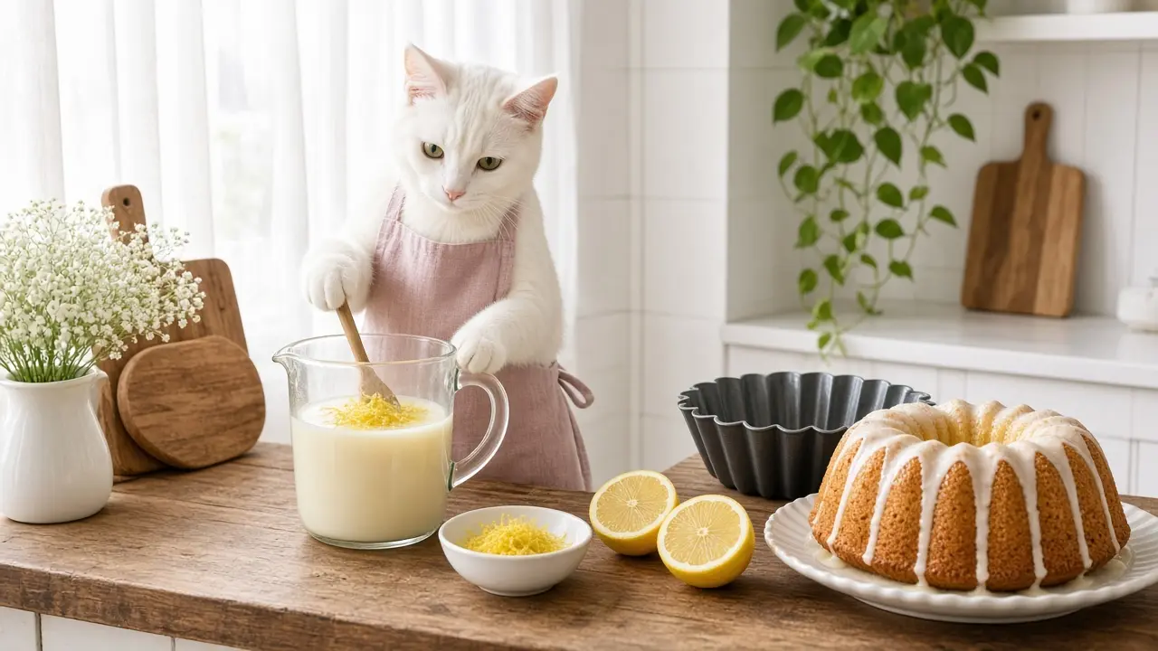 A cream-coloured cat in a pink apron, cooking this dish