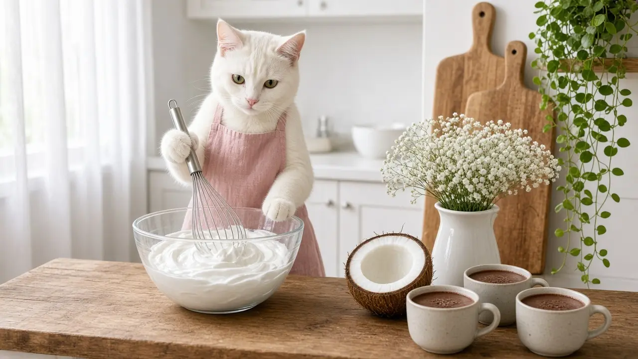 A cream-coloured cat in a pink apron, cooking this dish
