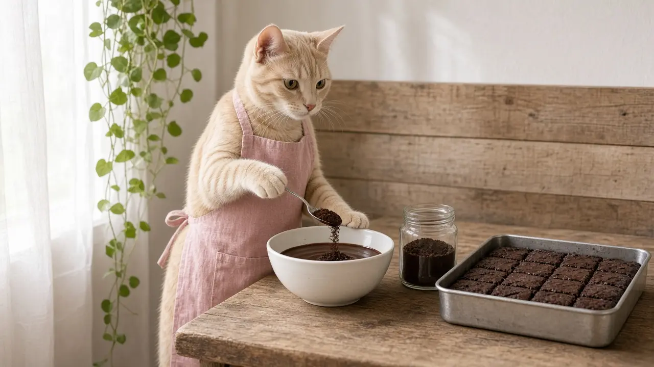 A cream-coloured cat in a pink apron, cooking this dish