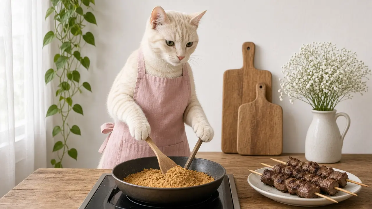 A cream-coloured cat in a pink apron, cooking this dish