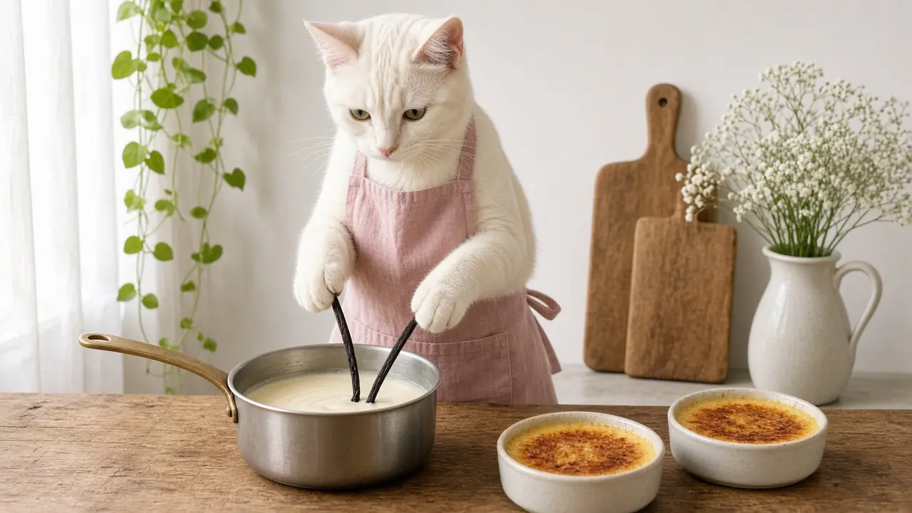 A cream-coloured cat in a pink apron, cooking this dish