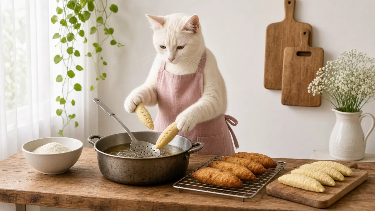 A cream-coloured cat in a pink apron, cooking this dish