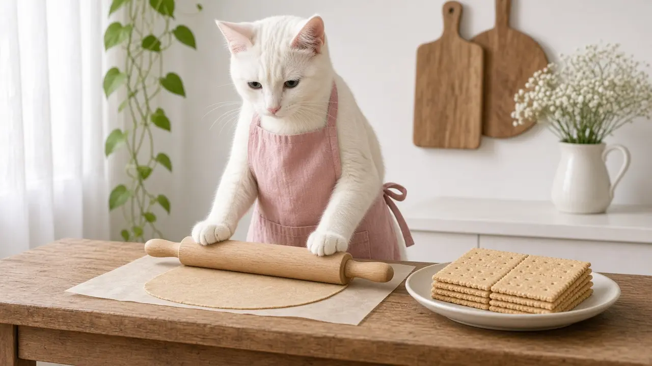 A cream-coloured cat in a pink apron, cooking this dish