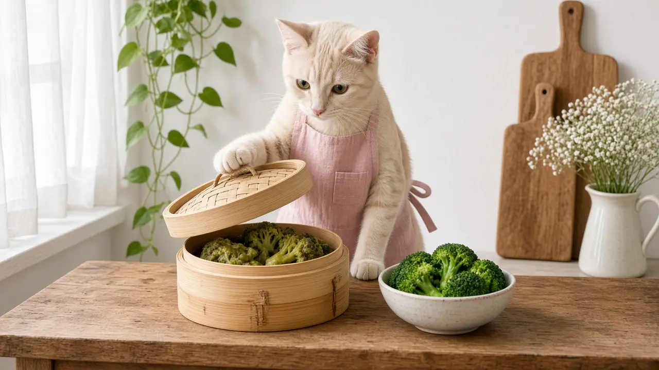 A cream-coloured cat in a pink apron, cooking this dish