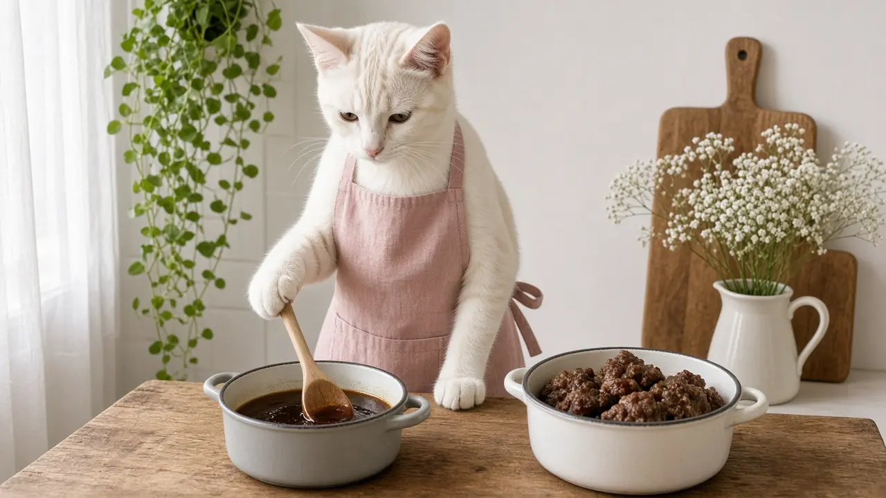 A cream-coloured cat in a pink apron, cooking this dish